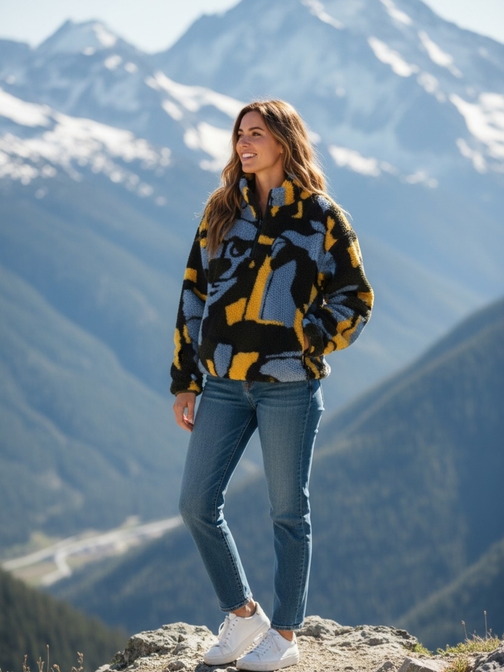 Women's Black, Yellow & Blue Sherpa Fleece Jacket - Cozy Zip Pullover